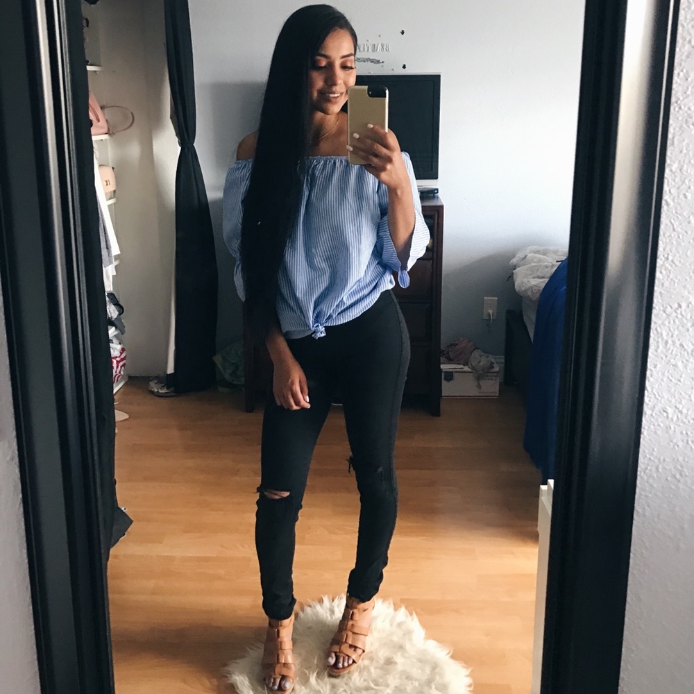 Blue and white stripped off the shoulder top